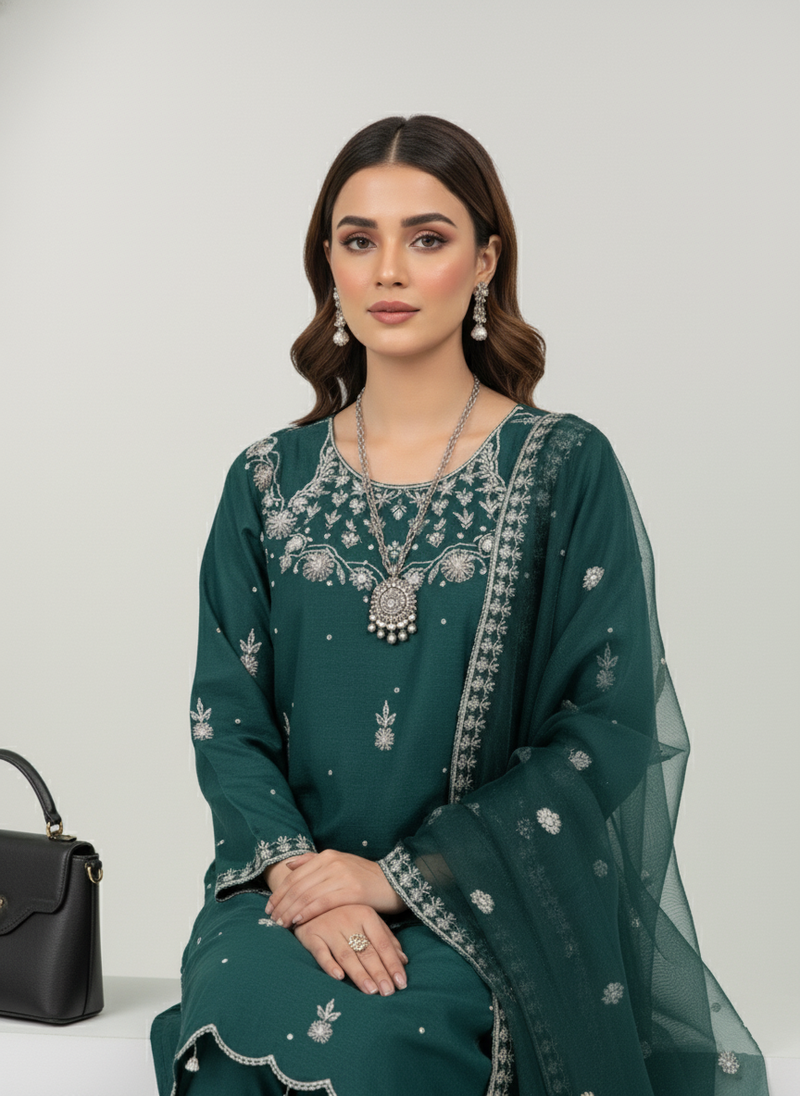 Emerald Green Embroidered 3-Piece Suit | Festive Pret Wear with Organza Dupatta