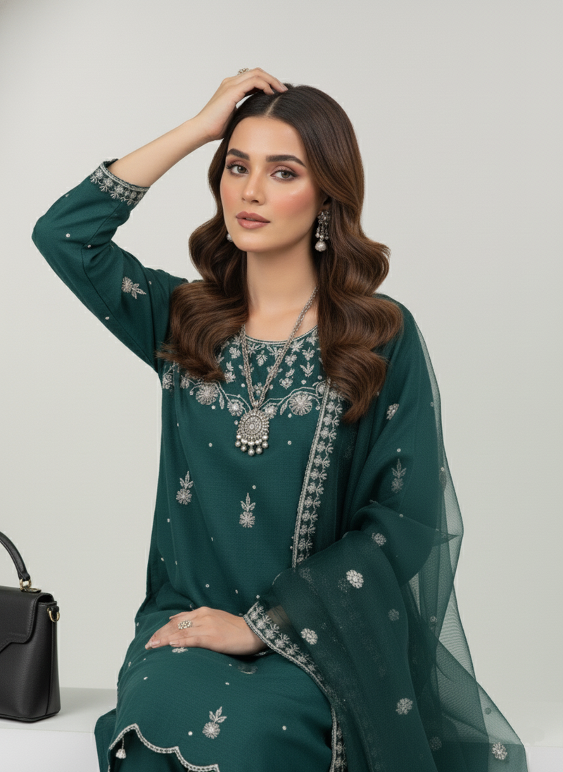 Emerald Green Embroidered 3-Piece Suit | Festive Pret Wear with Organza Dupatta