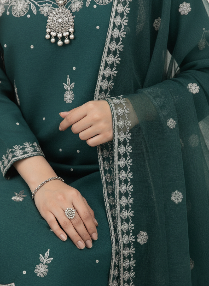 Emerald Green Embroidered 3-Piece Suit | Festive Pret Wear with Organza Dupatta