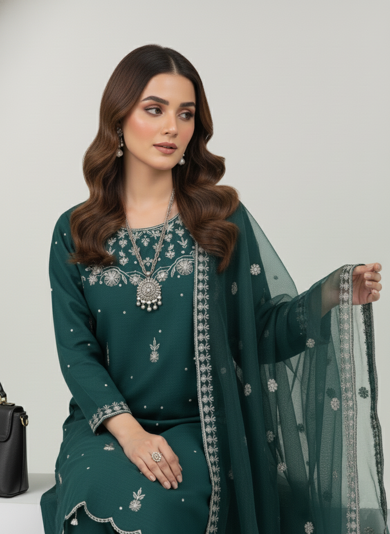 Emerald Green Embroidered 3-Piece Suit | Festive Pret Wear with Organza Dupatta