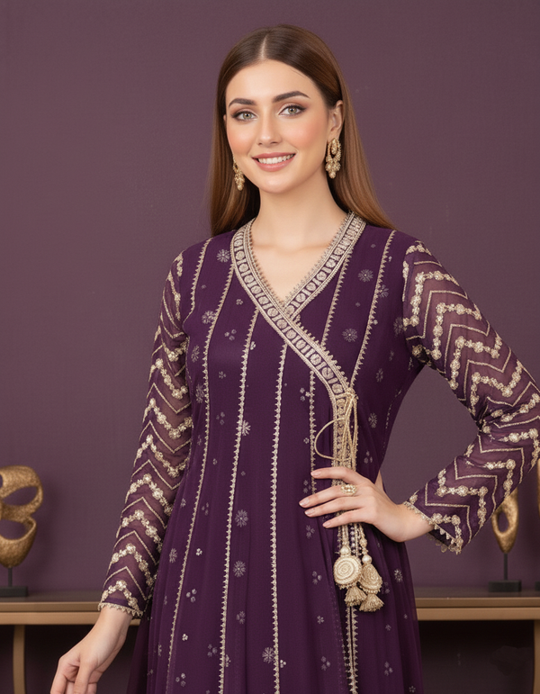 Deep Plum Embroidered Chiffon Maxi Dress with Golden Detailing