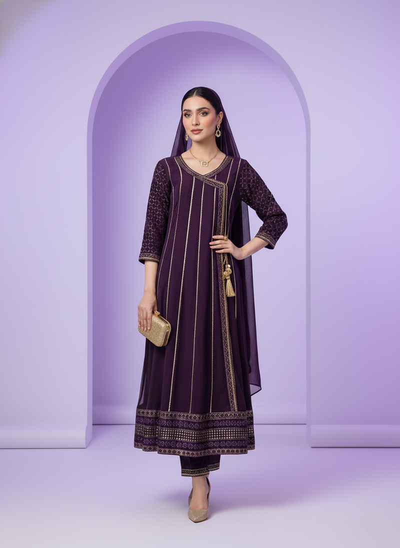 Purple Georgette Dress with Golden Thread Embroidery & Tassel Detail