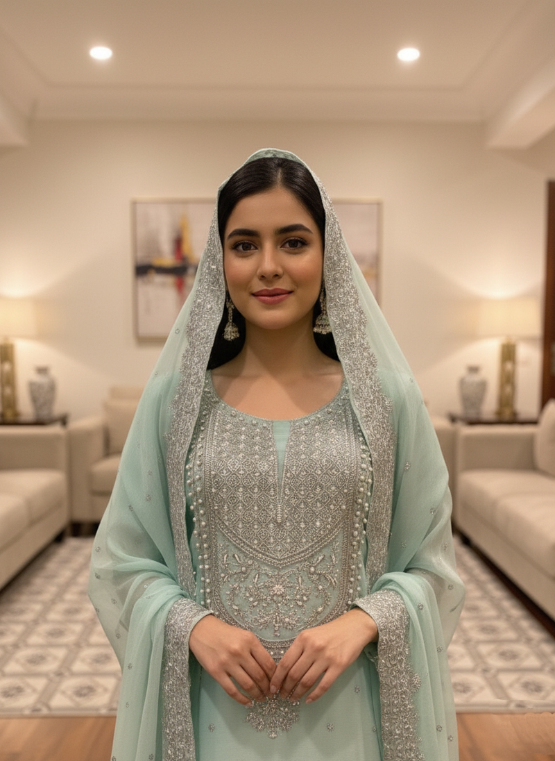 Luxury Embroidered Mint Green Dress with Silver Sequin Work