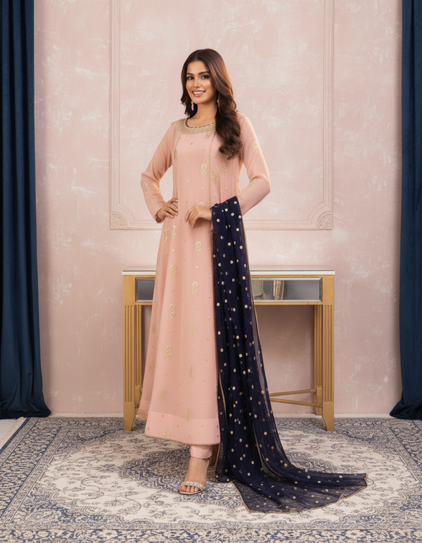 Blush Pink Embroidered Chiffon Suit with Navy Blue Dupatta