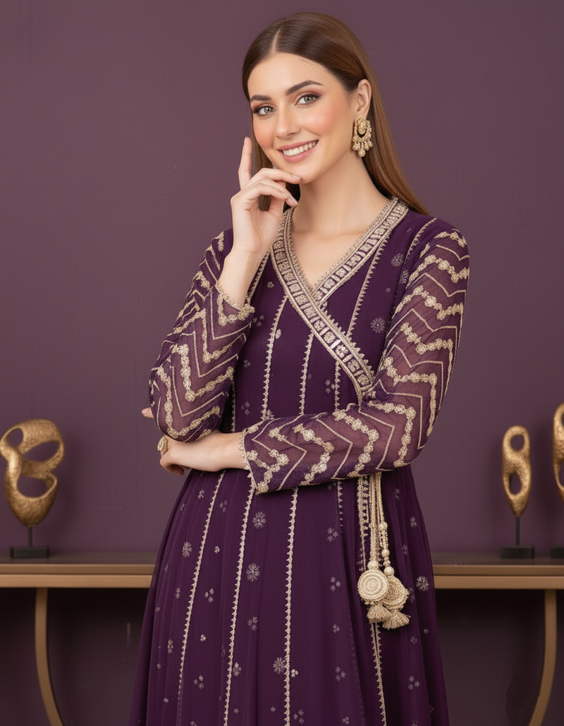 Deep Plum Embroidered Chiffon Maxi Dress with Golden Detailing