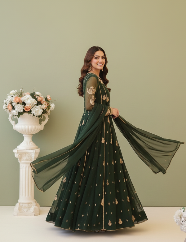 Emerald Green Embroidered Chiffon Maxi with Golden Detailing