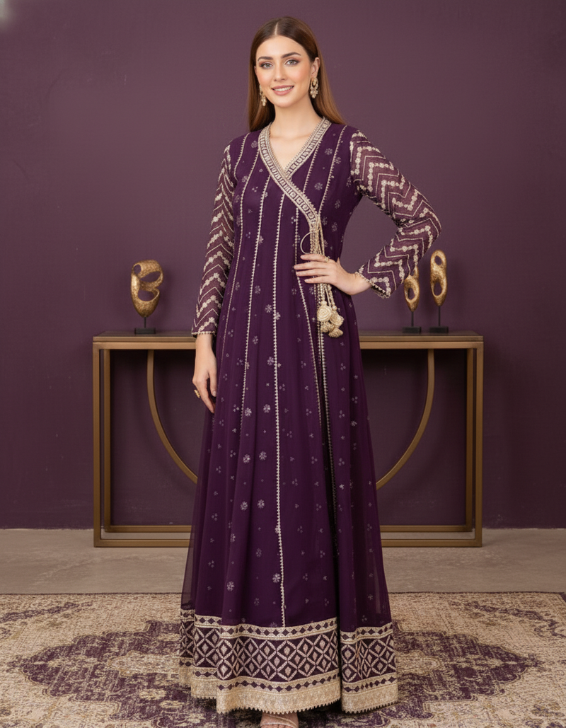 Deep Plum Embroidered Chiffon Maxi Dress with Golden Detailing