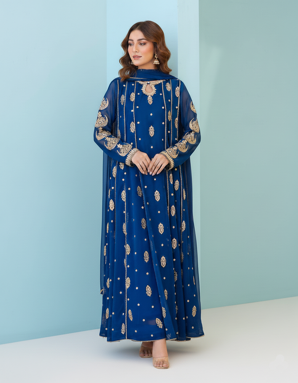 Royal Blue Embroidered Chiffon Maxi with Golden Detailing