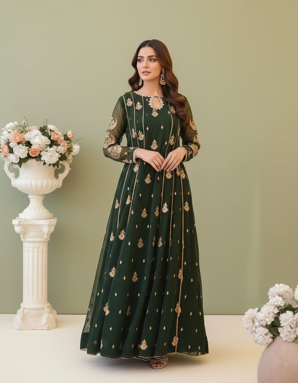 Emerald Green Embroidered Chiffon Maxi with Golden Detailing