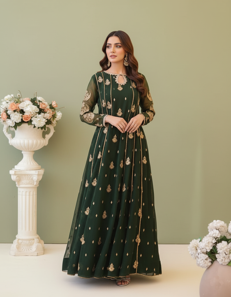 Emerald Green Embroidered Chiffon Maxi with Golden Detailing