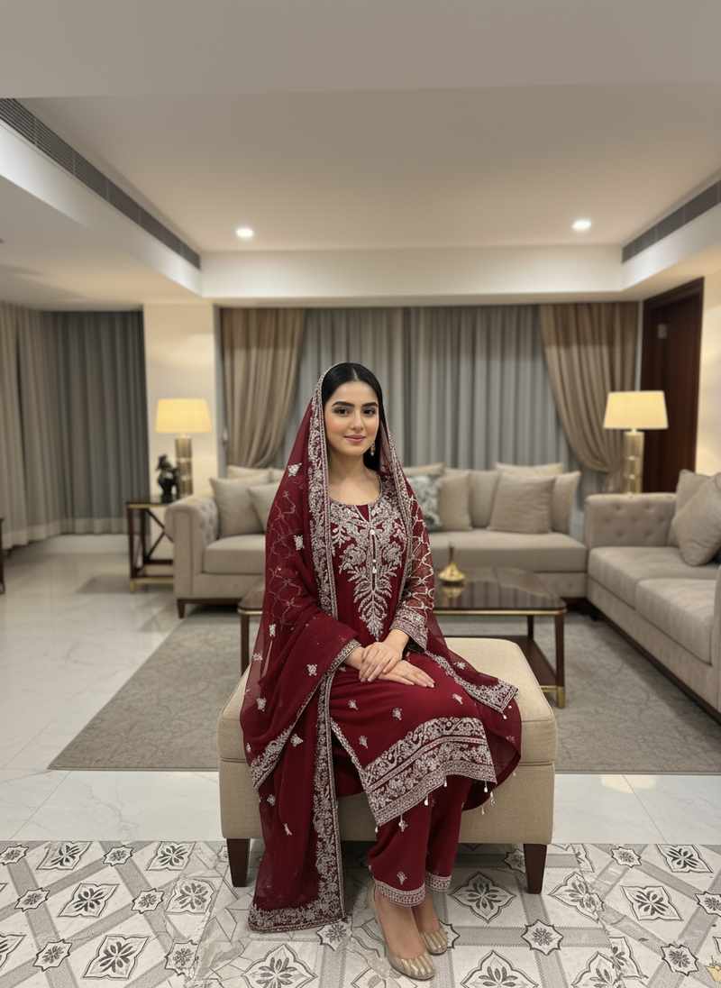 Elegant Maroon Chiffon Dress with Intricate Silver Thread Embroidery