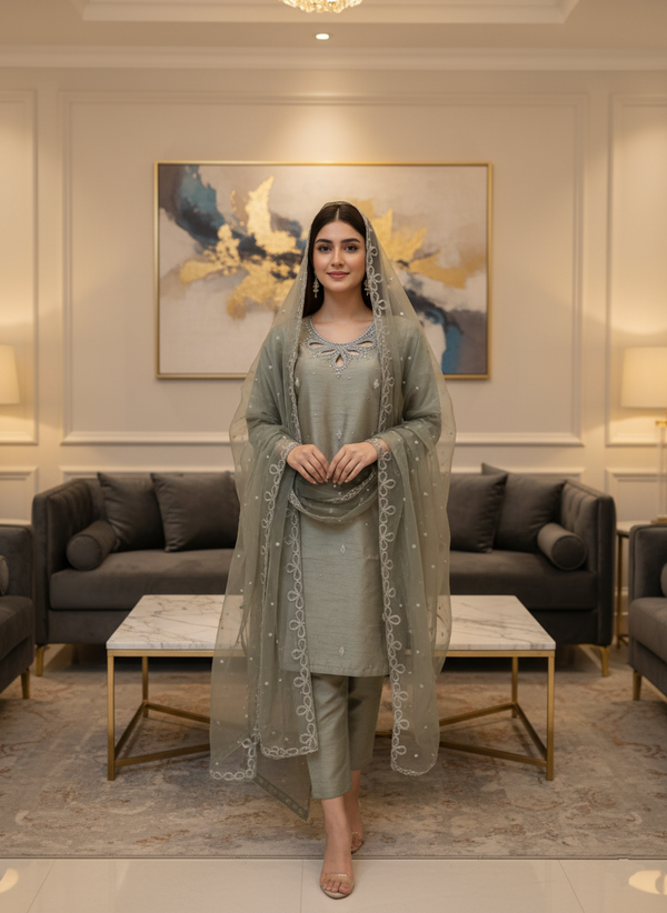 Elegant Olive Green Dress with Silver Embroidery and Matching Dupatta