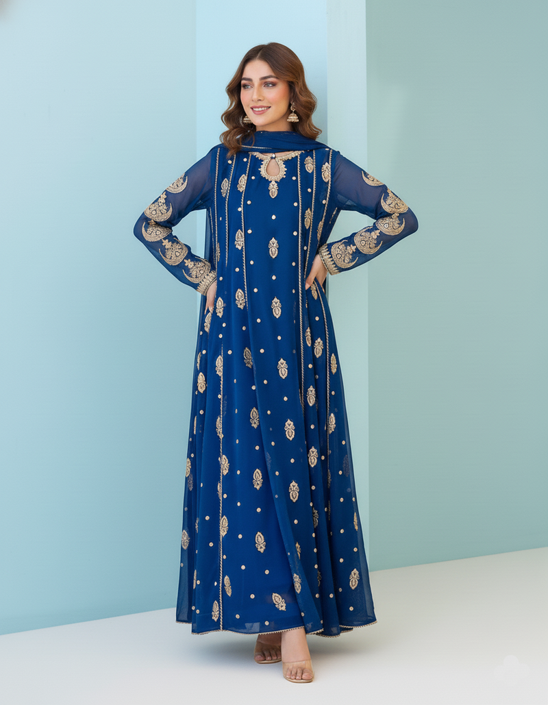 Royal Blue Embroidered Chiffon Maxi with Golden Detailing