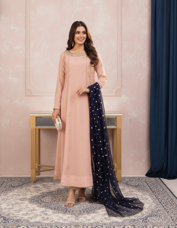 Blush Pink Embroidered Chiffon Suit with Navy Blue Dupatta