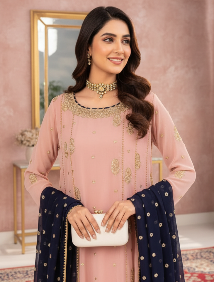 Blush Pink Embroidered Chiffon Suit with Navy Blue Dupatta