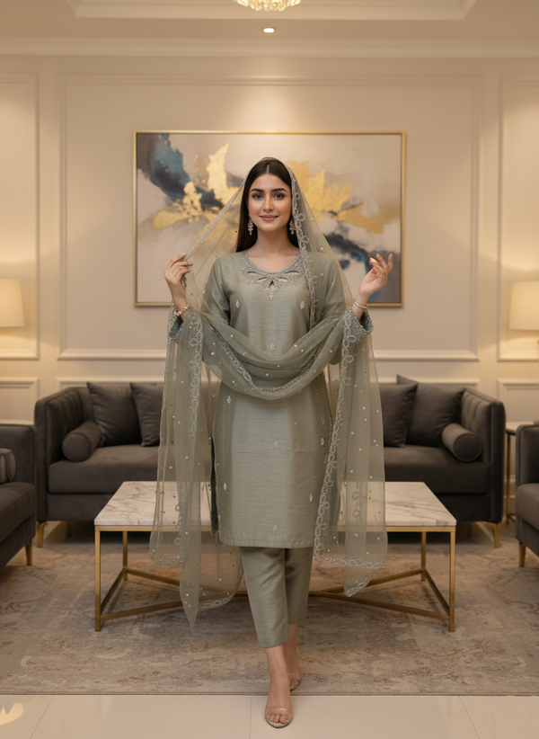 Elegant Olive Green Dress with Silver Embroidery and Matching Dupatta