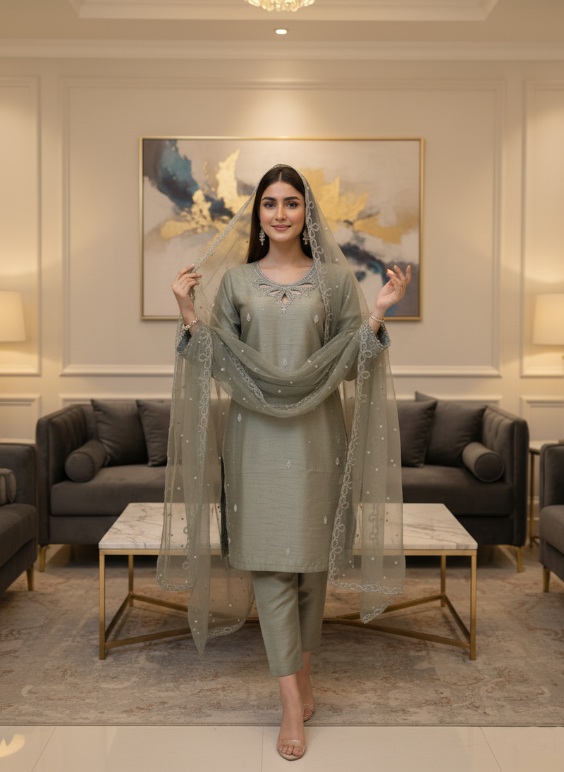 Elegant Olive Green Dress with Silver Embroidery and Matching Dupatta