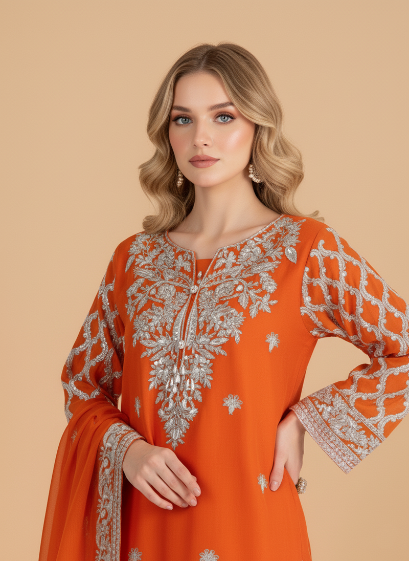 Burnt Orange Embroidered Chiffon Suit with Silver Detailing