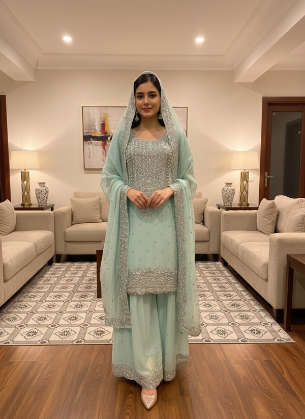 Luxury Embroidered Mint Green Dress with Silver Sequin Work