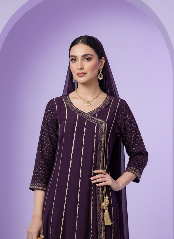 Purple Georgette Dress with Golden Thread Embroidery & Tassel Detail