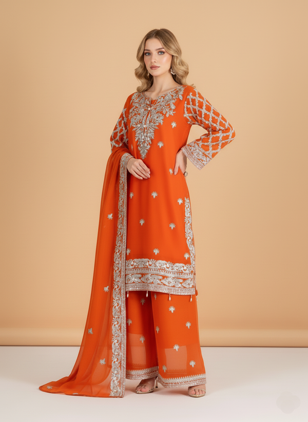 Burnt Orange Embroidered Chiffon Suit with Silver Detailing