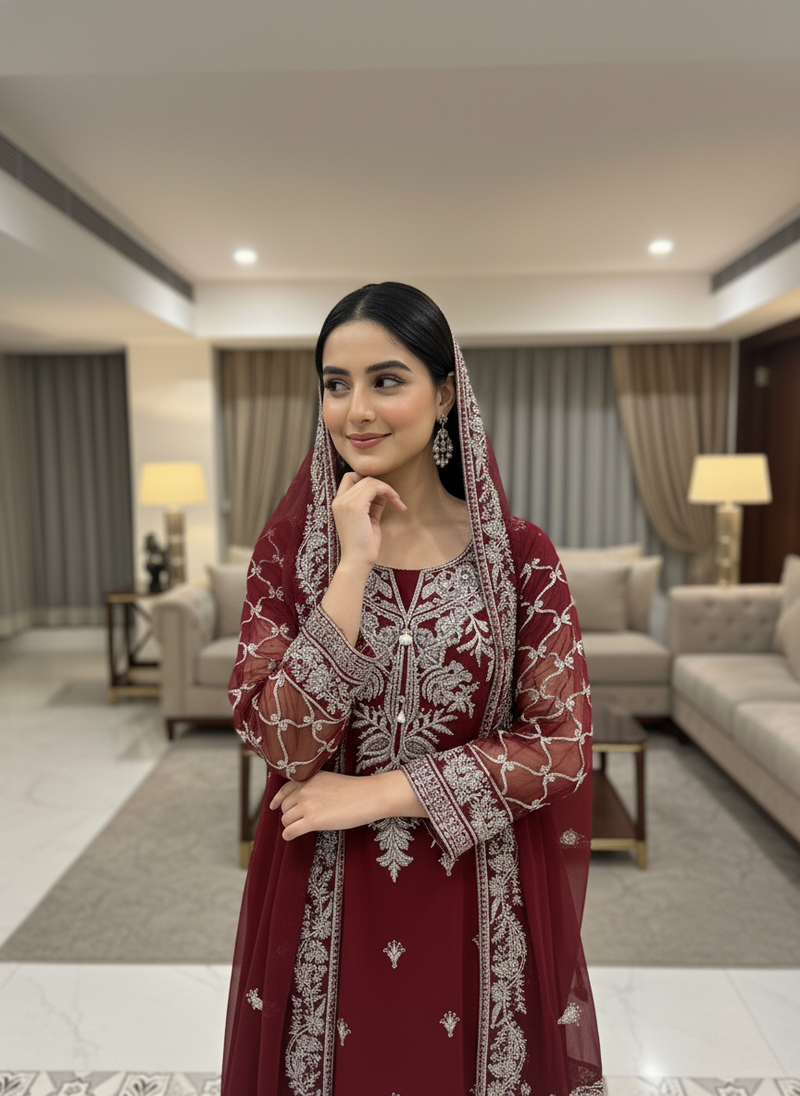 Elegant Maroon Chiffon Dress with Intricate Silver Thread Embroidery