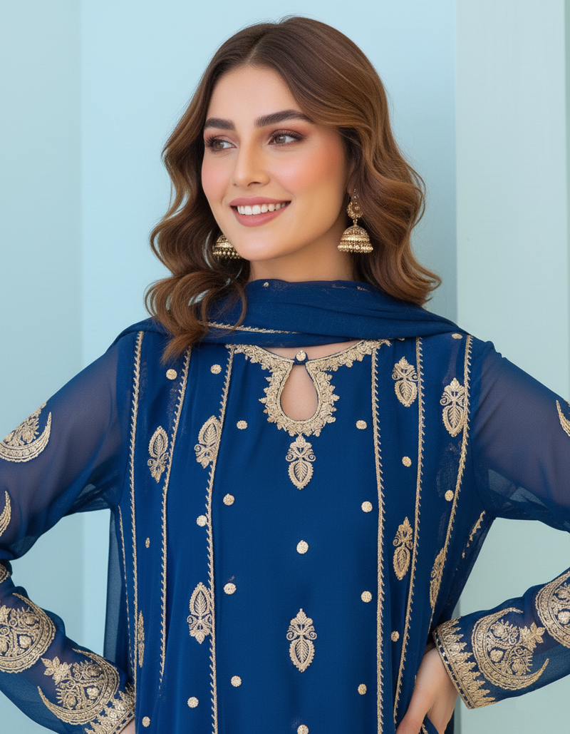 Royal Blue Embroidered Chiffon Maxi with Golden Detailing