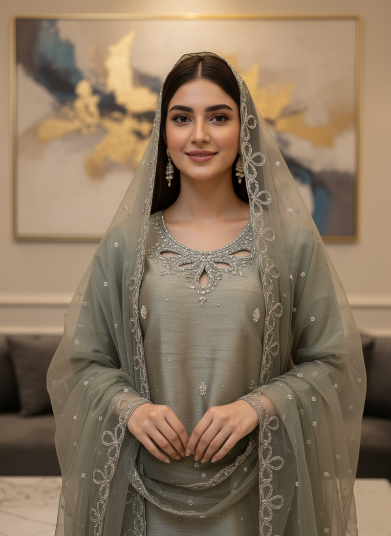 Elegant Olive Green Dress with Silver Embroidery and Matching Dupatta