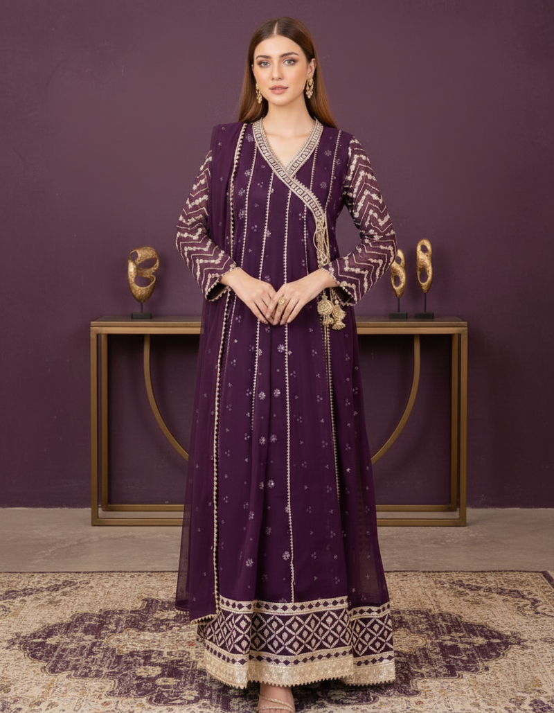 Deep Plum Embroidered Chiffon Maxi Dress with Golden Detailing