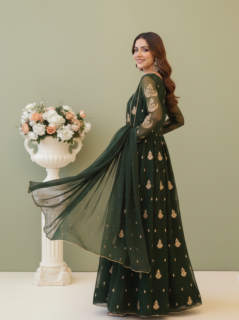 Emerald Green Embroidered Chiffon Maxi with Golden Detailing