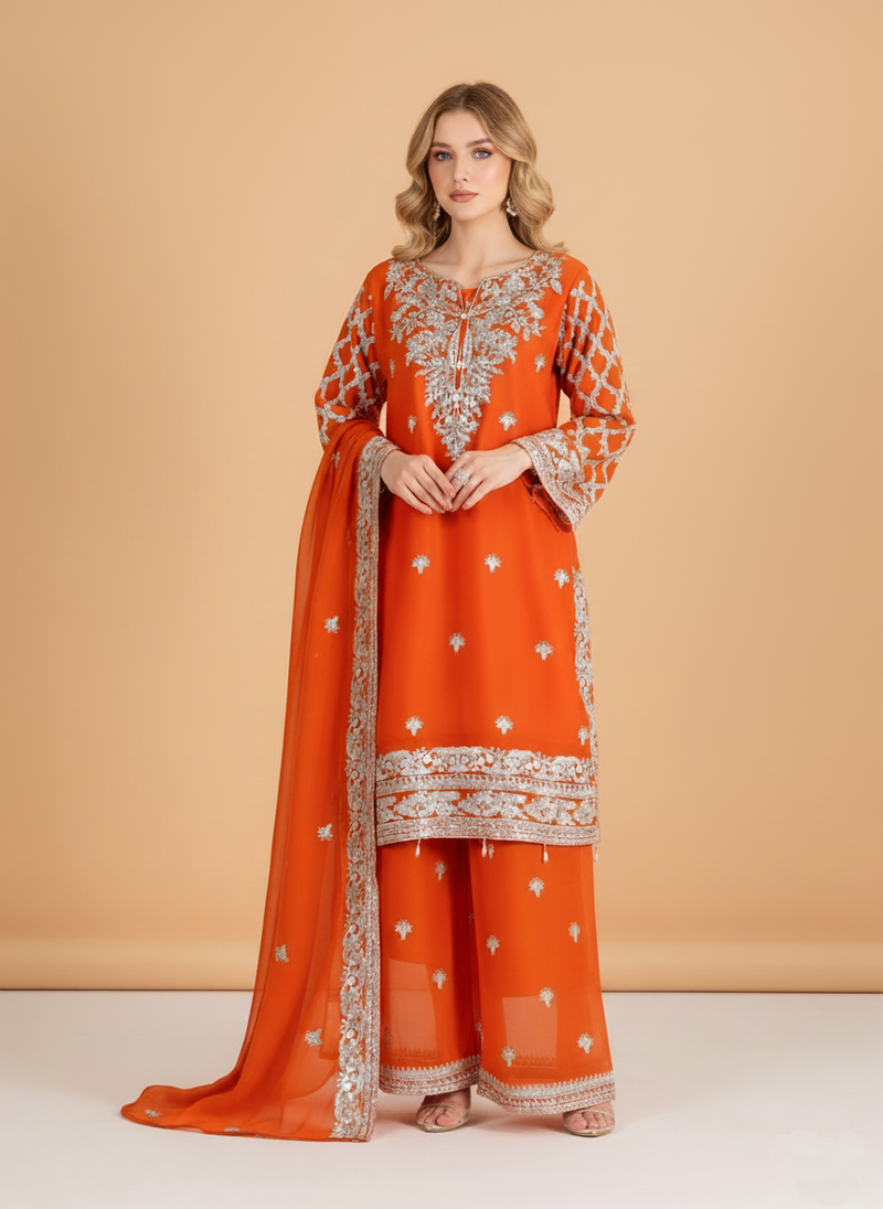 Burnt Orange Embroidered Chiffon Suit with Silver Detailing