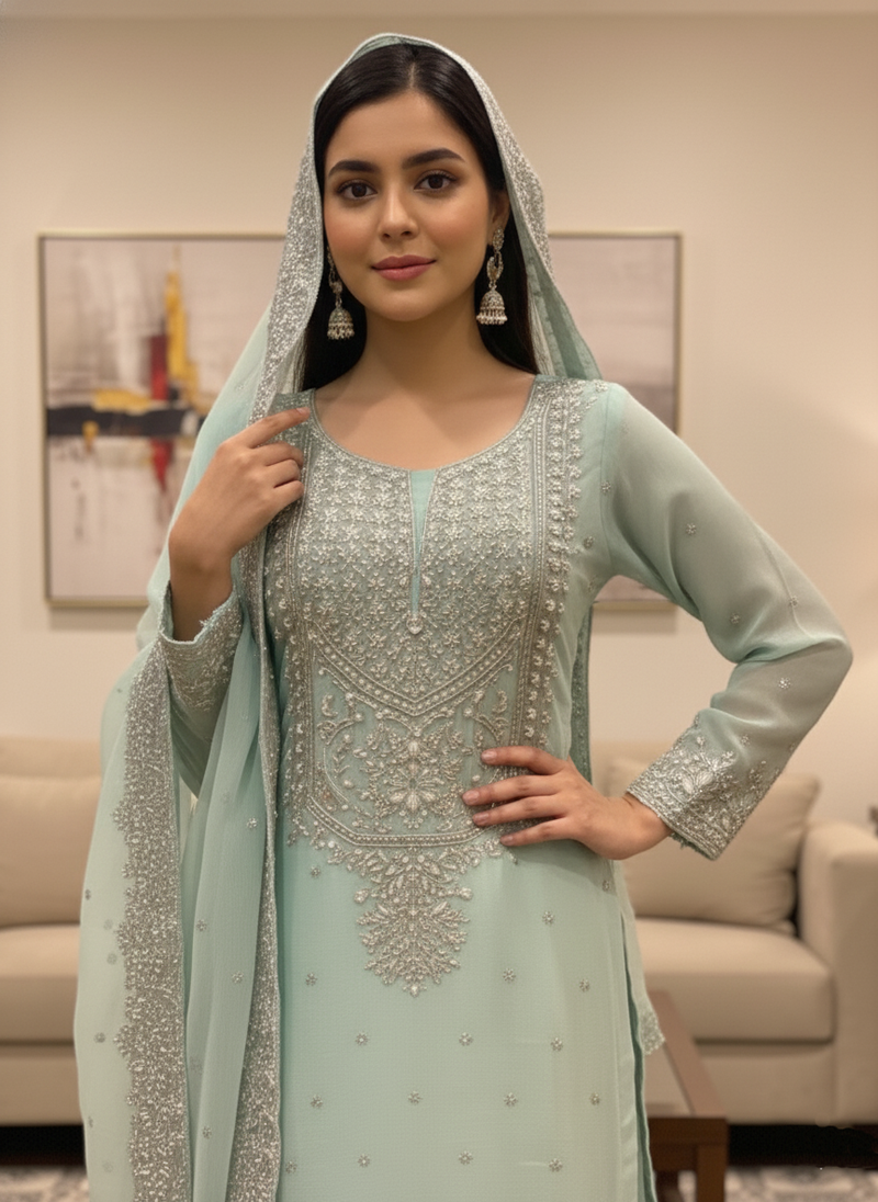 Luxury Embroidered Mint Green Dress with Silver Sequin Work