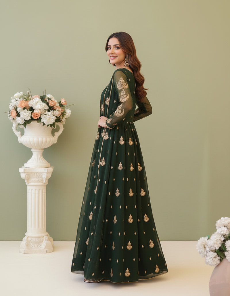 Emerald Green Embroidered Chiffon Maxi with Golden Detailing