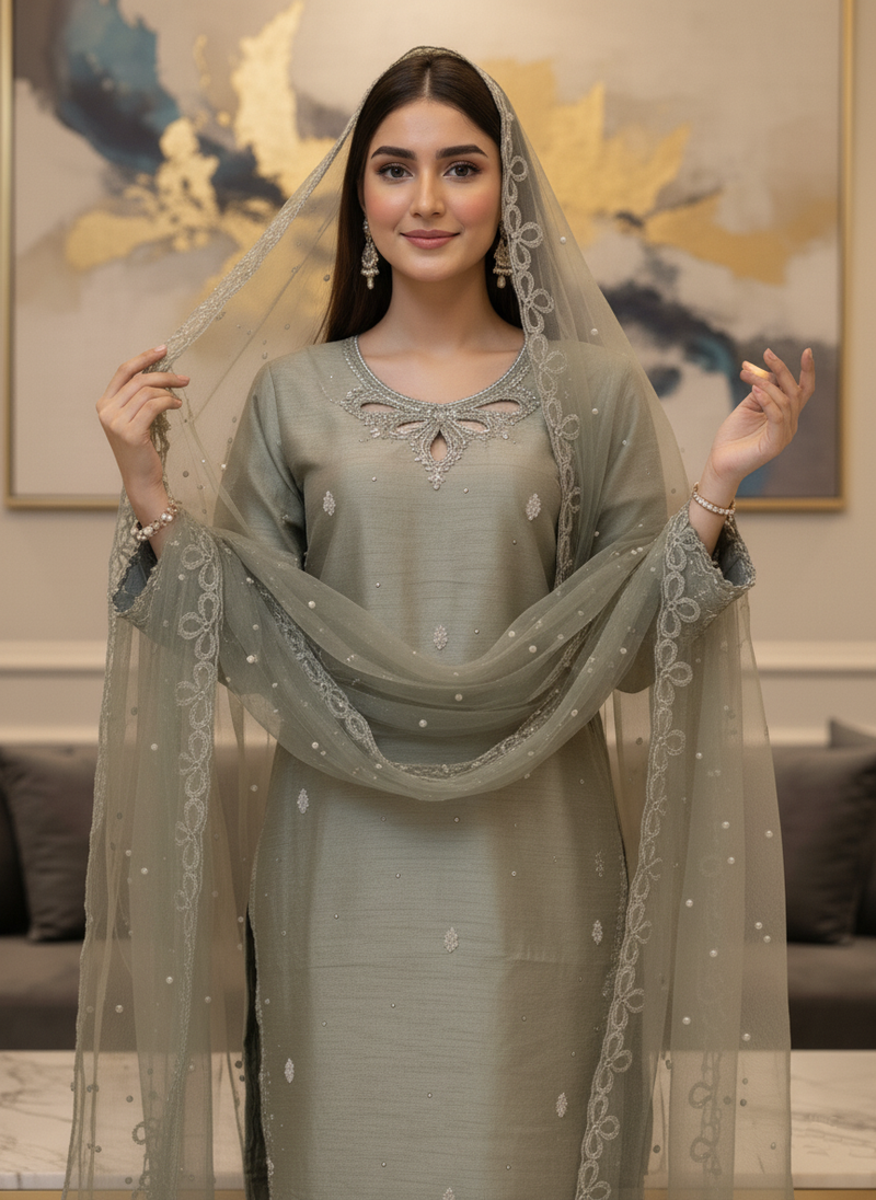 Elegant Olive Green Dress with Silver Embroidery and Matching Dupatta