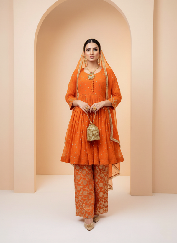Vibrant Orange Kurta with Golden Embroidery and Matching Pants