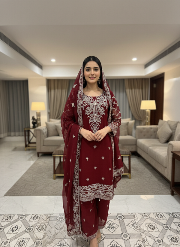 Elegant Maroon Chiffon Dress with Intricate Silver Thread Embroidery
