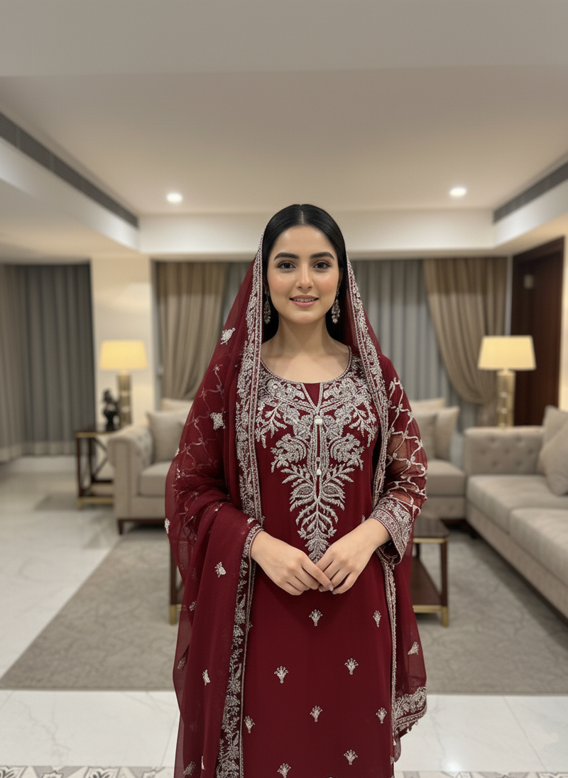 Elegant Maroon Chiffon Dress with Intricate Silver Thread Embroidery