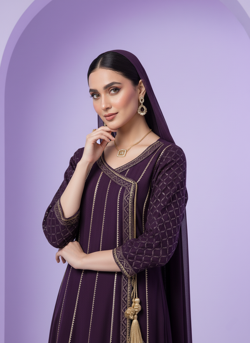 Purple Georgette Dress with Golden Thread Embroidery & Tassel Detail