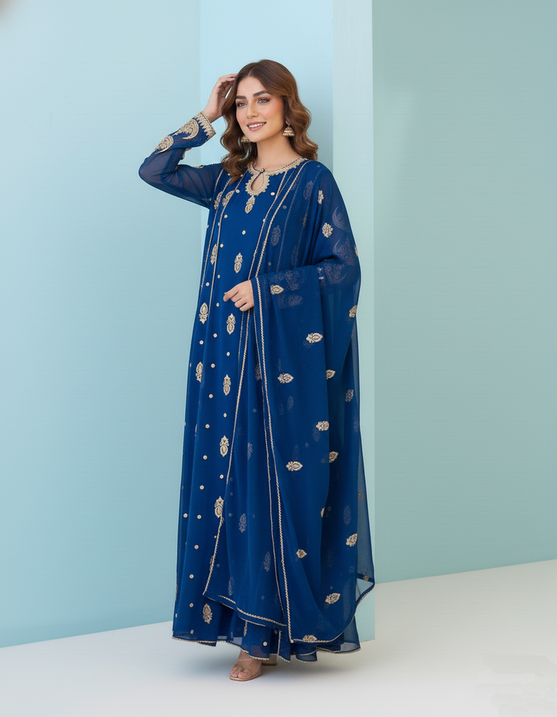 Royal Blue Embroidered Chiffon Maxi with Golden Detailing