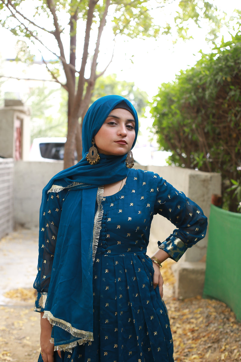 Elegant Blue Dress with Golden Embroidery & Sequins for Special Occasions