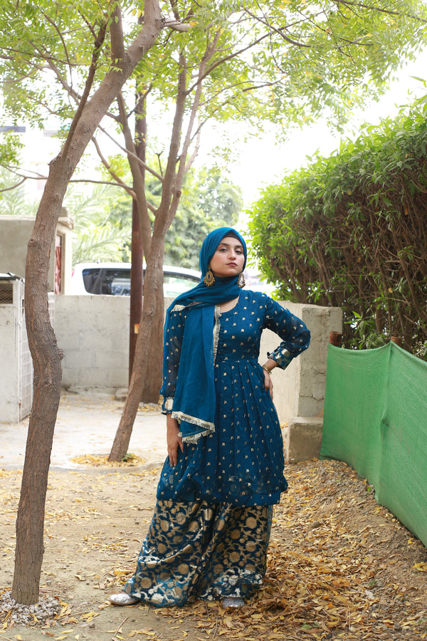 Elegant Blue Dress with Golden Embroidery & Sequins for Special Occasions