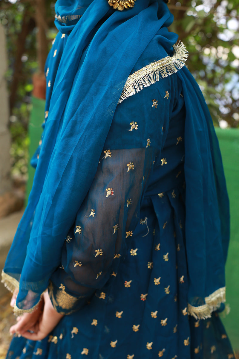 Elegant Blue Dress with Golden Embroidery & Sequins for Special Occasions