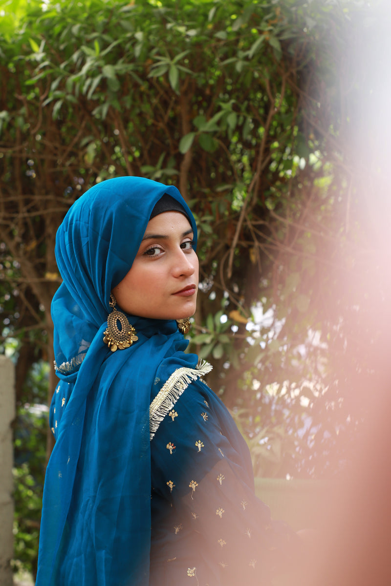 Elegant Blue Dress with Golden Embroidery & Sequins for Special Occasions