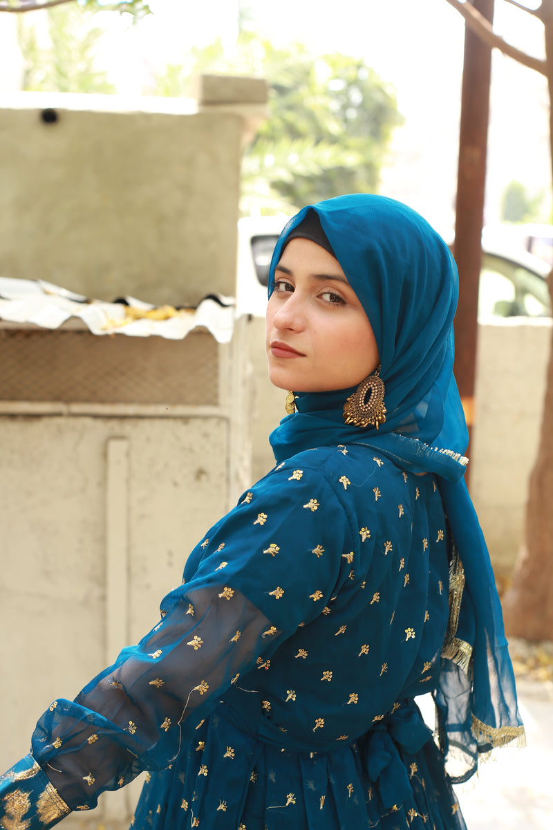 Elegant Blue Dress with Golden Embroidery & Sequins for Special Occasions