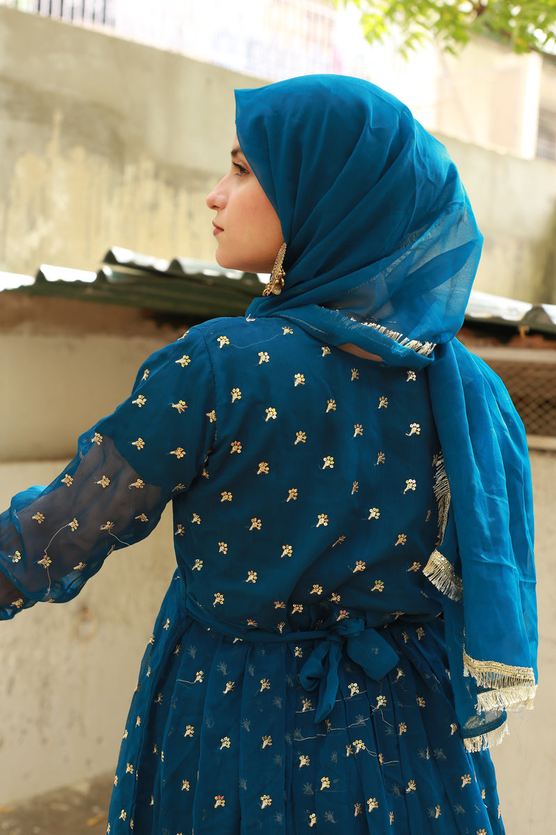 Elegant Blue Dress with Golden Embroidery & Sequins for Special Occasions