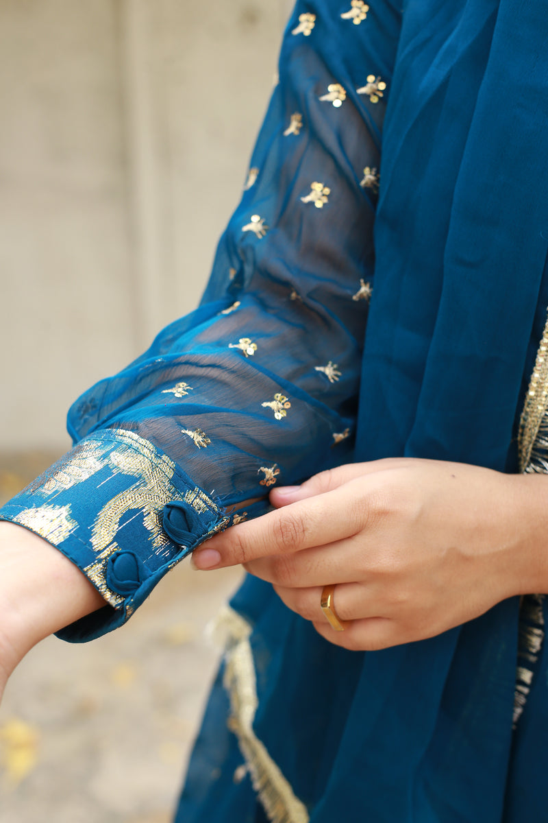 Elegant Blue Dress with Golden Embroidery & Sequins for Special Occasions