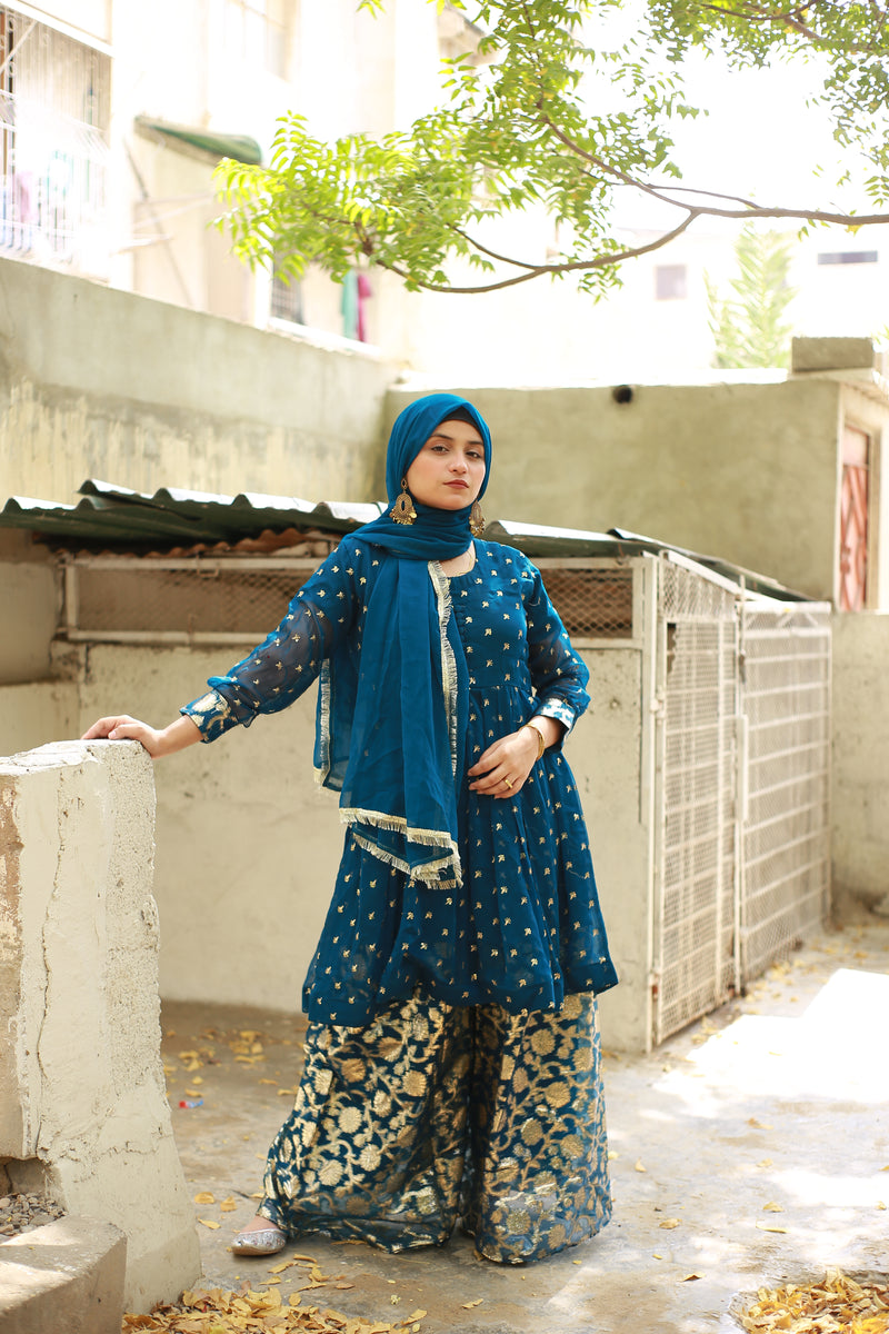Elegant Blue Dress with Golden Embroidery & Sequins for Special Occasions