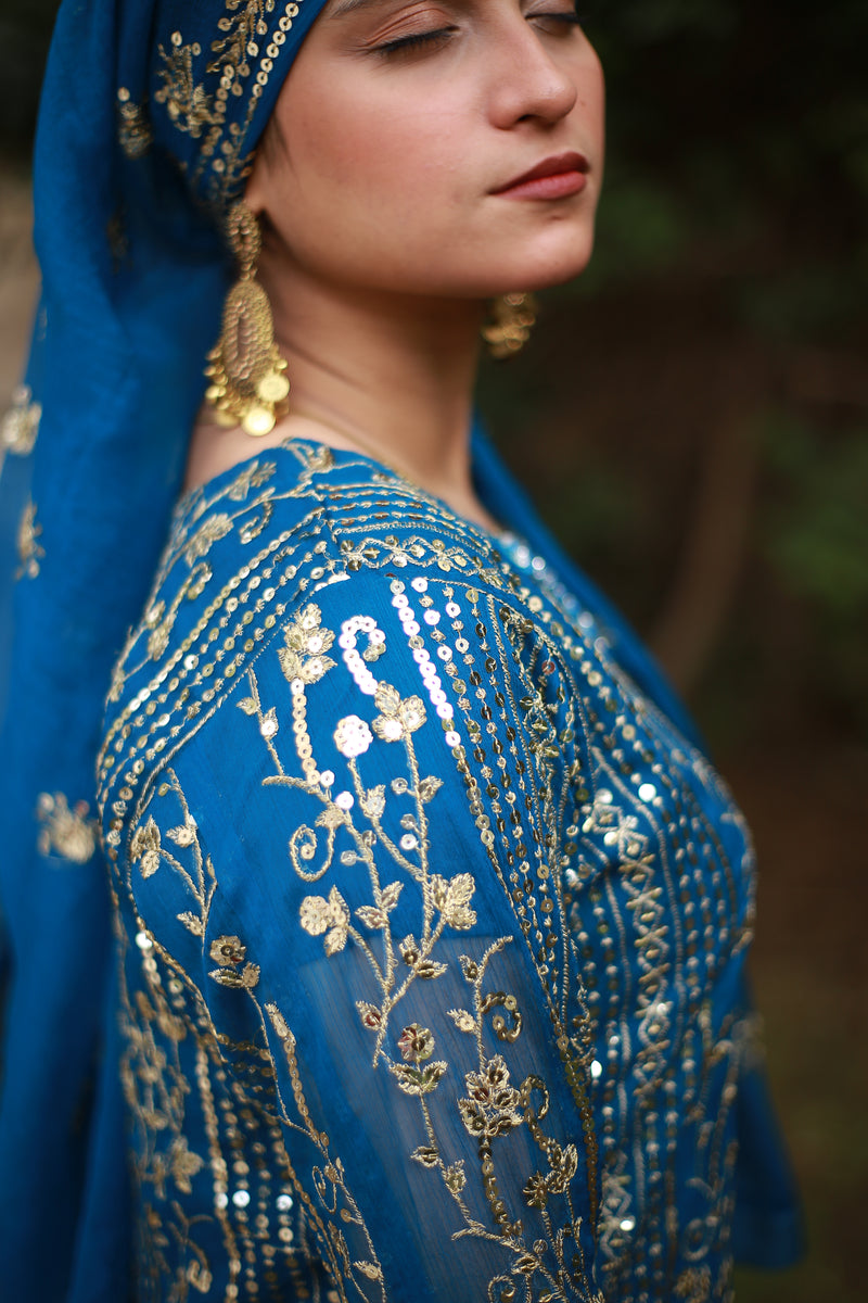 Royal Blue Embroidered Dress with Gold Sequin Work and Dupatta