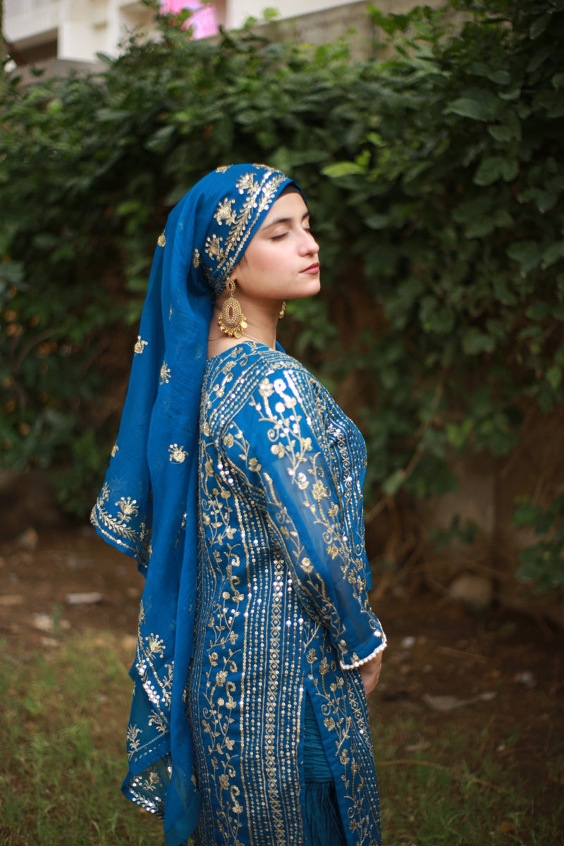 Royal Blue Embroidered Dress with Gold Sequin Work and Dupatta