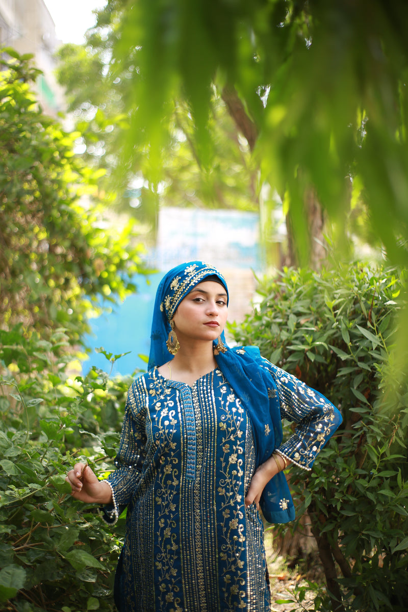 Royal Blue Embroidered Dress with Gold Sequin Work and Dupatta